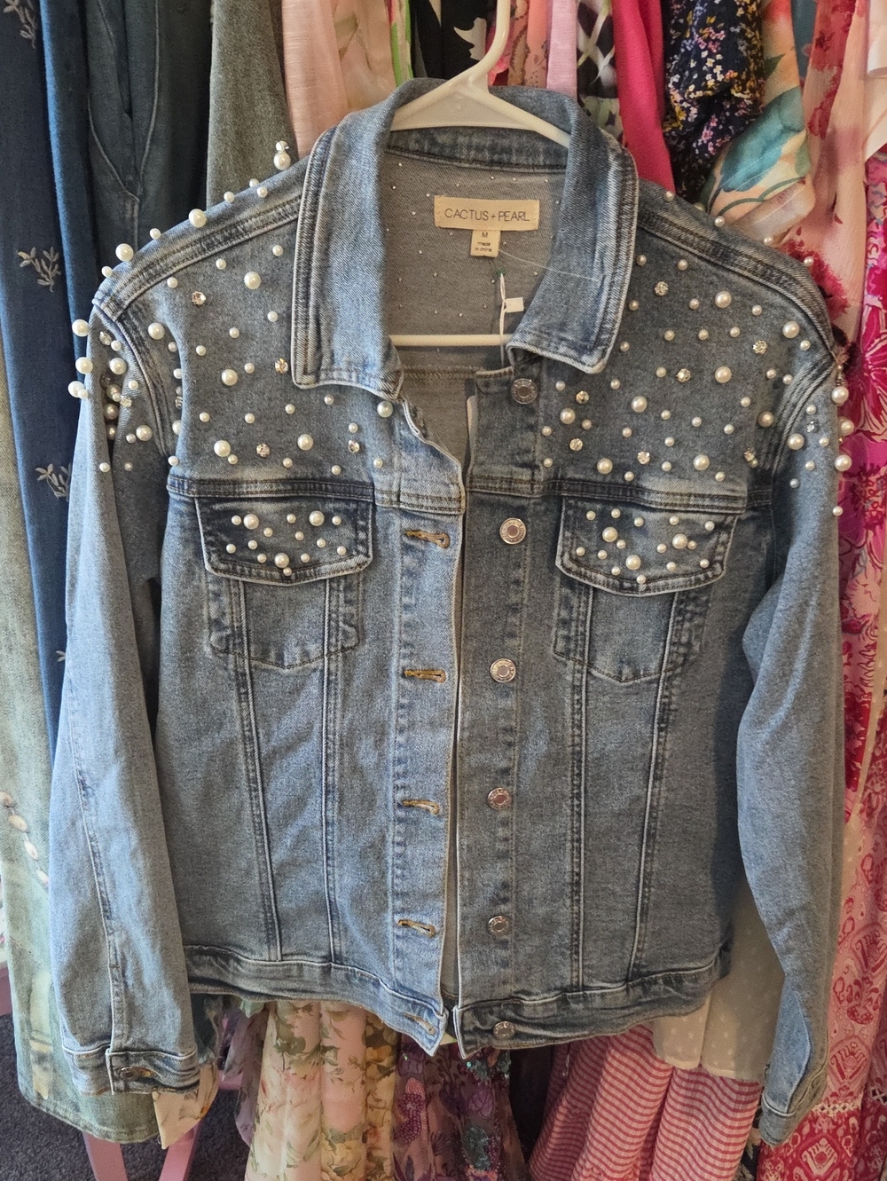 Light Blue Pearl-Embellished Denim Jacket